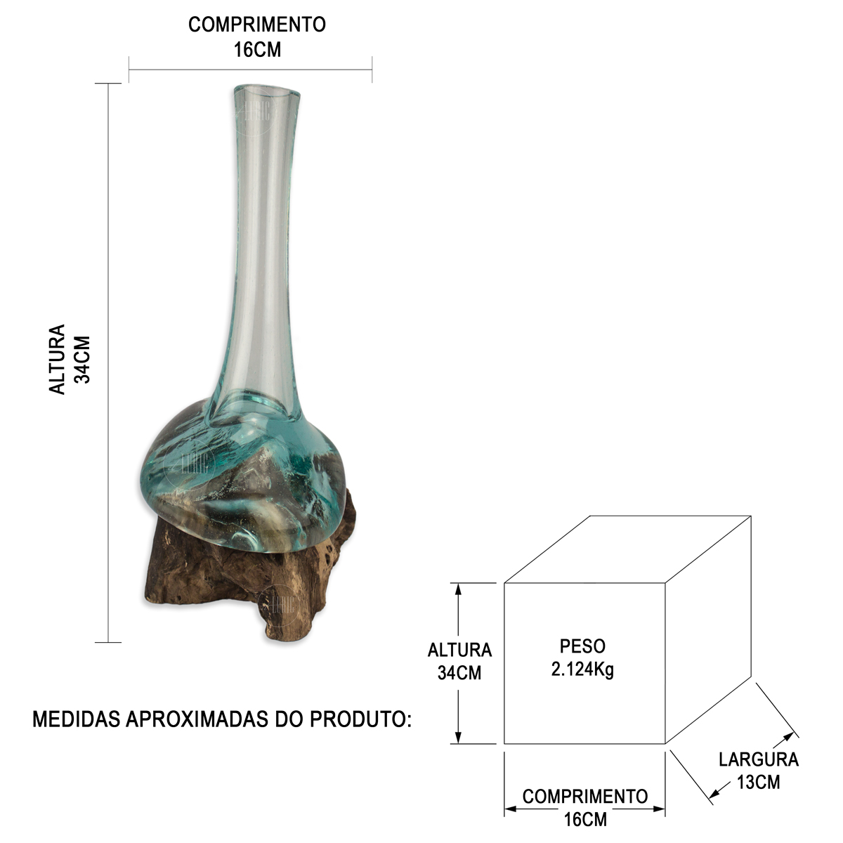 VASO DECORATIVO DE VIDRO E MADEIRA KIO - D - MEDIDAS