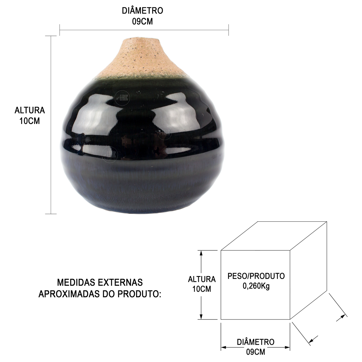 Medidas vaso Nero Nubys, 9 centímetros de diâmetro e 10 centímetros de altura
