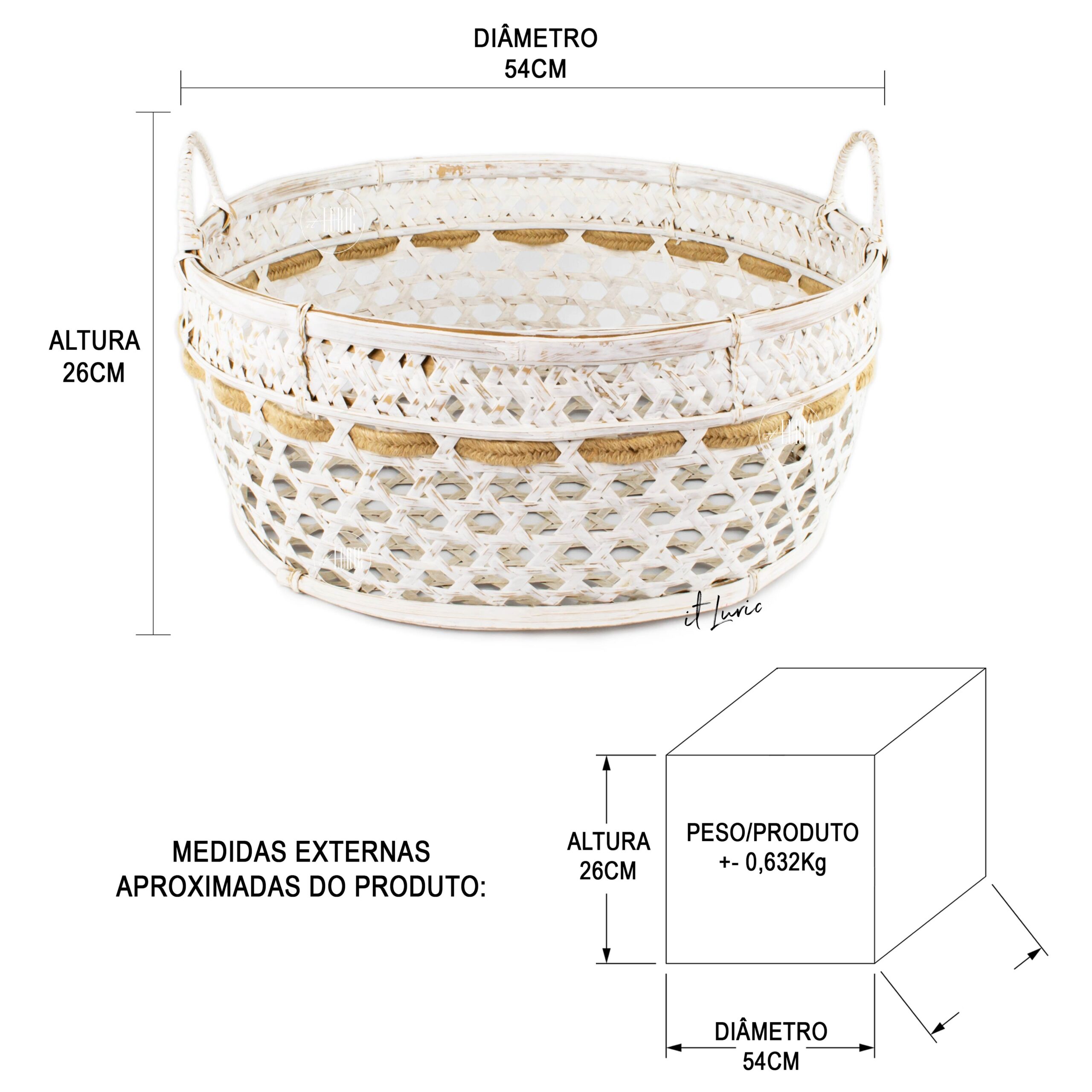 CESTO DECORATIVO DE BAMBU TRAP BRANCO - MEDIDAS