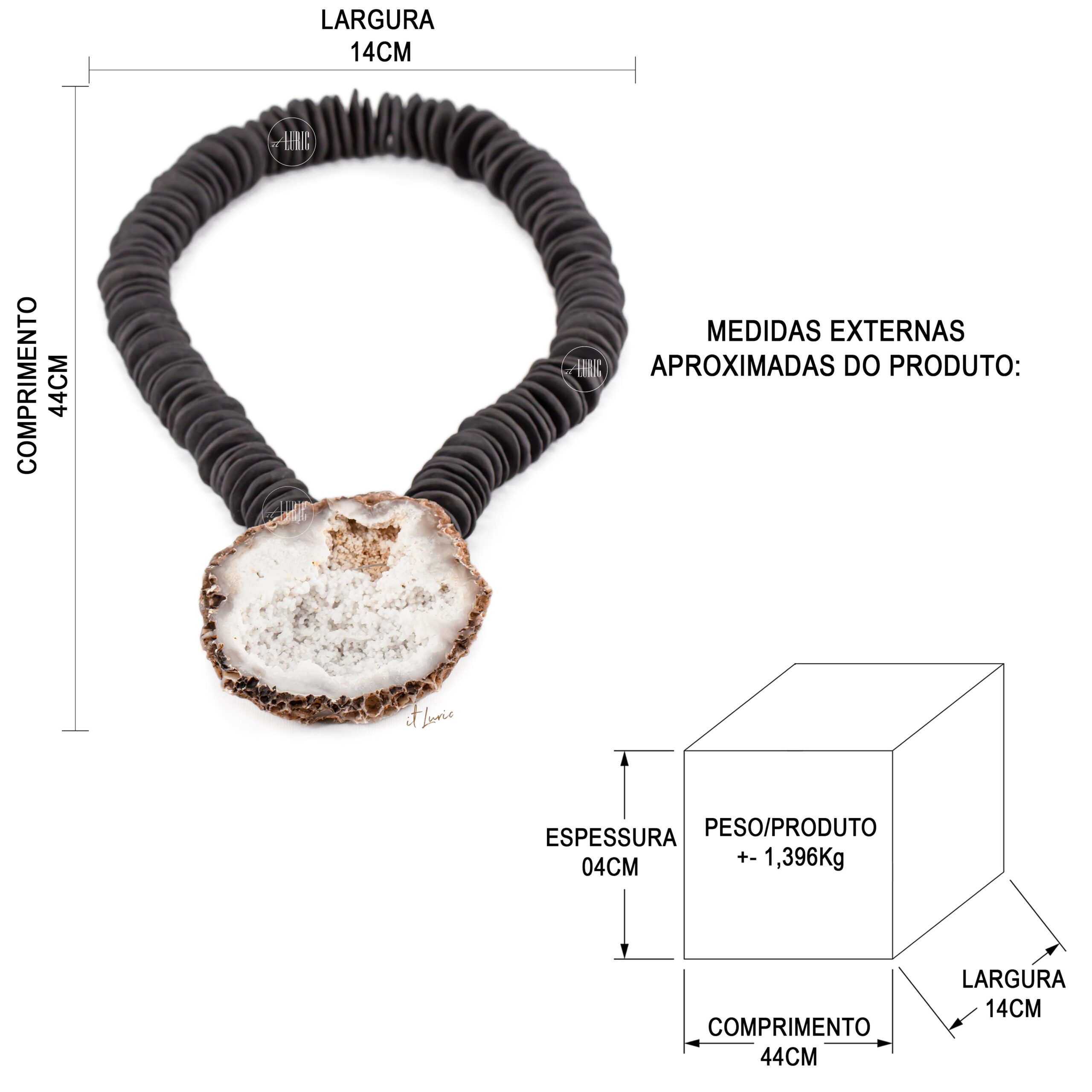 COLAR DE CERÂMICA PRETA E GEODO BRANCO-M - MEDIDAS