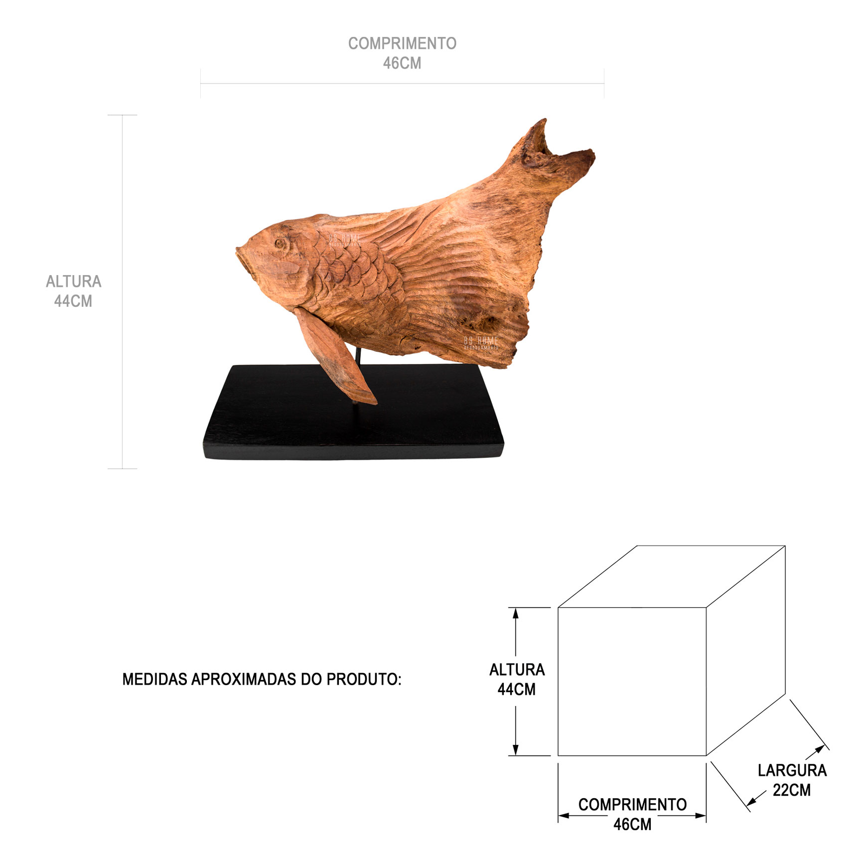 Escultura de Madeira com entalhe de peixe - MEDIDAS